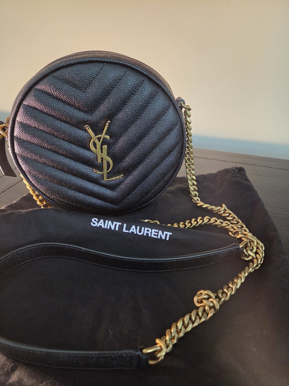 Saint Laurent Black Quilted Round Crossbody with Gold Hardware
